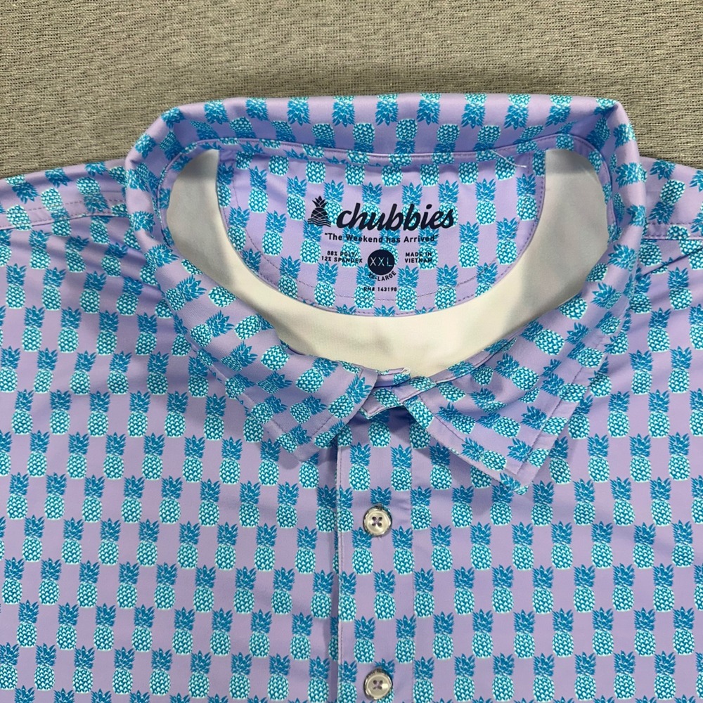 Chubbies Polo Shirt Mens XXL Purple Pineapple AOP Performance Golf Short Sleeve